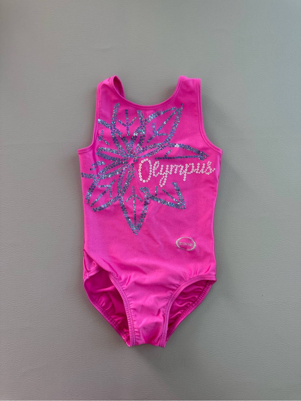 Ozone Sequin Neon Pink Leotard size Youth Medium YM with Flower and Olympus